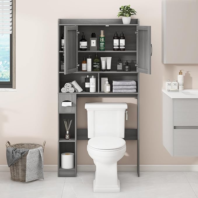Vabches Over The Toilet Storage Cabinet with 2 Barn Doors, Gray | Farmhouse Storage Cabinet with Toilet Paper Holder Stand，Home Space-Saving Toilet Rack, for Bathroom, Restroom, Laundry