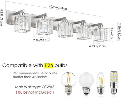 Aipsun Brushed Nickel Bathroom Lighting Fixtures 5 Light Vanity Light Crystal Modern Bathroom Vanity Light (Exclude Bulb)