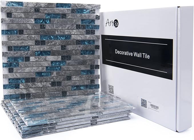 Art3d Grout Decorative Tile, Blue/Gray, Glass, for Kitchen Backsplash or Bathroom Backsplash (5 Pack)
