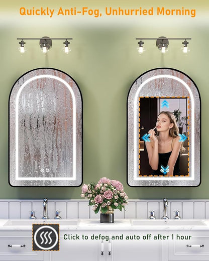 19.7"x31.5" Lighted Medicine Cabinet with Mirror, Arched Bathroom Mirror with Lights and Storage, Dimmable 3 Color with Anti-Fog, Full Metal Recessed & Surface Mount LED Medicine Cabinets Black