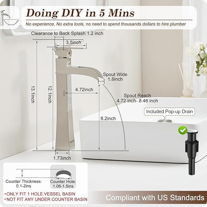 Brushed Nickel Bathroom Vessel Sink Faucet, 12 Inch Brass Waterfall Tall Bathroom Faucet 1 Hole with Drain, Single Handle for Countertop Vanity Modern Retro Farmhouse Bowl Sink, 5 Mins Install