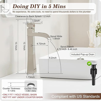 Brushed Nickel Bathroom Vessel Sink Faucet, 12 Inch Brass Waterfall Tall Bathroom Faucet 1 Hole with Drain, Single Handle for Countertop Vanity Modern Retro Farmhouse Bowl Sink, 5 Mins Install