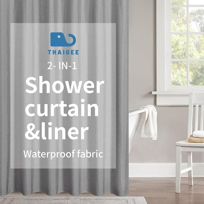 Extra Long Fabric Shower Curtain with Waterproof Layer,72x84,Grey | 2-in-1 Design,Linen Textured,100% Waterproof TPU-Laminated Backing,Magnetic Weighted,Machine Washable,For Bathroom,Hotel