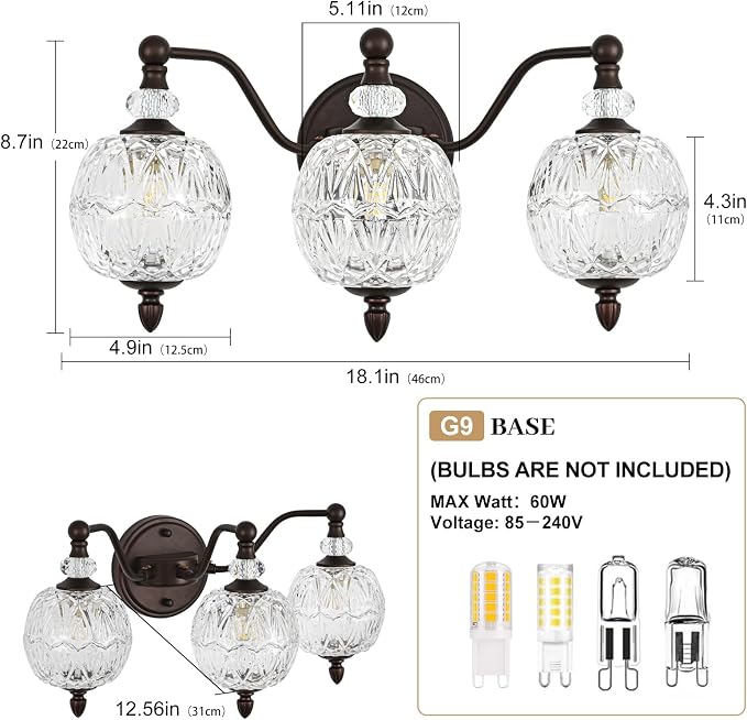 Vintage Bathroom Vanity Light, 3-Light Mid Century Oil Rubbed Bronze Finish Wall Sconce with Globe Glass Shades, Retro Mirror Light for Bathroom, Powder Room