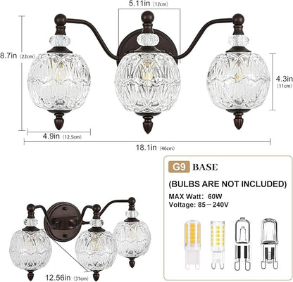 Vintage Bathroom Vanity Light, 3-Light Mid Century Oil Rubbed Bronze Finish Wall Sconce with Globe Glass Shades, Retro Mirror Light for Bathroom, Powder Room