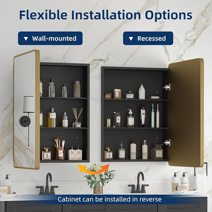 Medicine Cabinet 20 x 28 Inch, Brush Gold Bathroom Medicine Cabinet with Mirror,Metal Beveled Mirror, Adjustable Shelves, Recessed or Wall Mount, Sturdy & Solid, Bathroom Mirror with Storage