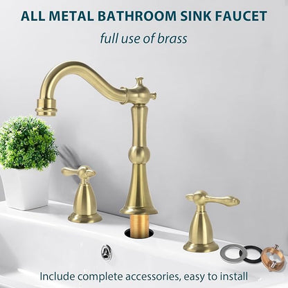 TRUSTMI 8" Widespread Brushed Gold Faucet w/Pop-Up Drain & Supply Lines | Solid Brass, fits 3-Hole Vanity Sink, cUPC Lines, Overflow Drain