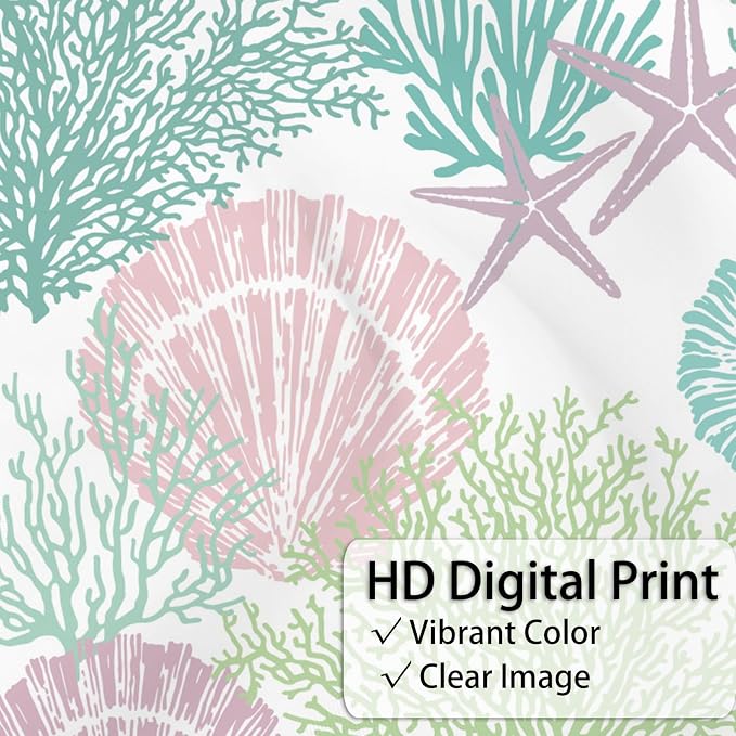 Nautical Coastal Shower Curtain, Pink Green Purple Ocean Beach Seashell Starfish Themed Bathroom Curtain Waterproof Fabric Machine Washable with Hooks, 72" Wx72 L