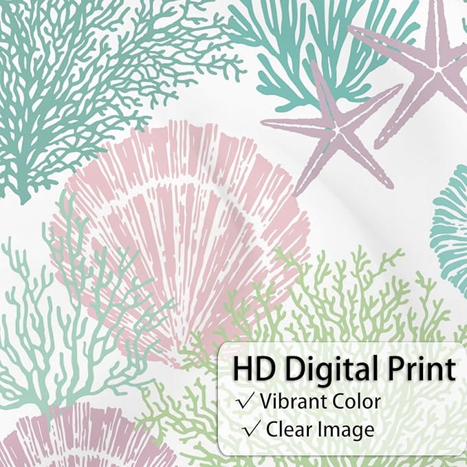 Nautical Coastal Shower Curtain, Pink Green Purple Ocean Beach Seashell Starfish Themed Bathroom Curtain Waterproof Fabric Machine Washable with Hooks, 72" Wx96 L