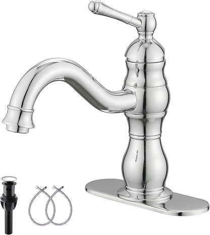 Chrome Bathroom Faucet GGStudy 360° Swivel Bathroom Vanity Faucet Single Handle One Hole Bathroom Sink Faucet Basin Matching Pop Up Drain with Overflow