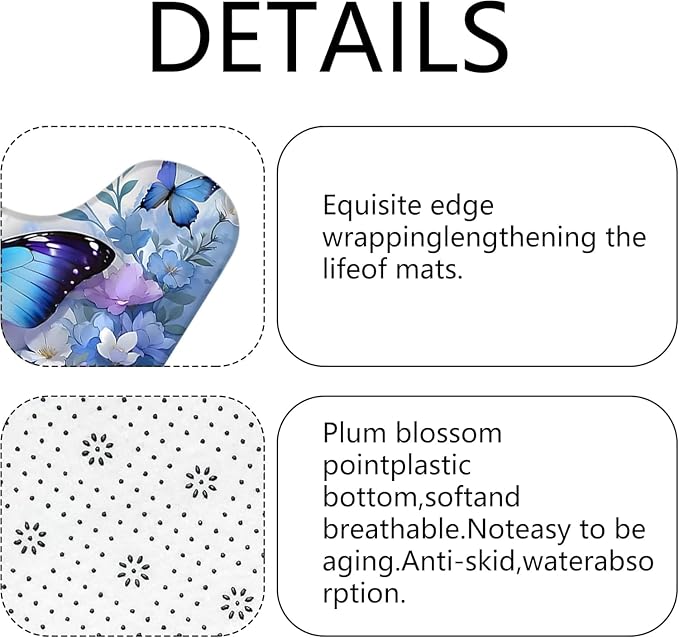 Chrainy 4pcs Blue Butterfly Shower Cutain Set Bathroom Decor with Rugs | Floral Bath Accessories with Waterproof Curtain, Bath Mat, Toilet Lid Cover, U-Shaped Rug and 12 Hooks for Washroom, 71*71in