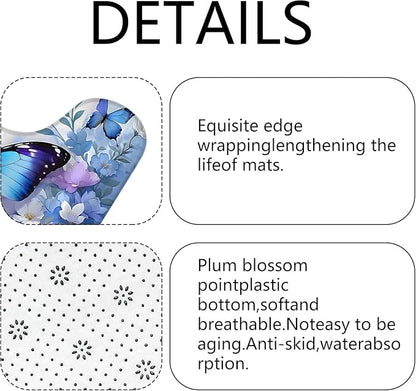 Chrainy 4pcs Blue Butterfly Shower Cutain Set Bathroom Decor with Rugs | Floral Bath Accessories with Waterproof Curtain, Bath Mat, Toilet Lid Cover, U-Shaped Rug and 12 Hooks for Washroom, 71*71in