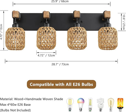 LmnLvn 4-Light Bathroom Vanity Light, Boho Farmhouse Rattan Handwoven Shade | Wood & Metal Frame, Rattan Vanity Light Design, Mounted Over Mirror, Easy To Install for Restroom, Bedroom & Hallway