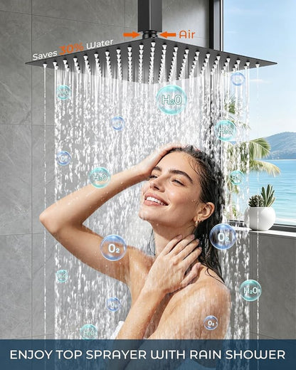 Rain Shower Faucet Set, 10" Top + 6" Side Head, Matte Black | 3-head set w/ valve, SUS304 anti-freeze, 6 spray modes, self-clean nozzles