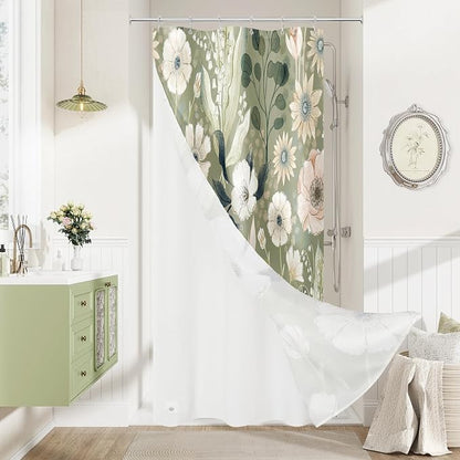 3 in 1 Green Floral Shower Curtain Set with PEVA Liner & 12 Hooks, 36 x 72 | Boho Tropical Botanical Style, Farmhouse Floral Fabric, Modern Hotel Inspired, Water‑Repellent, Machine Washable