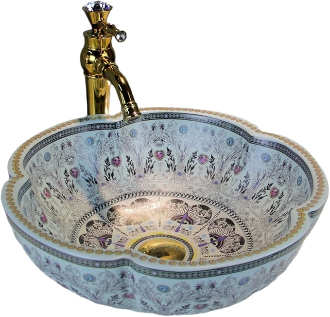 Bathroom Vessel Sinks Europe Style Light Blue Flower Shape Above Counter Ceramic Sink for Vanity Top