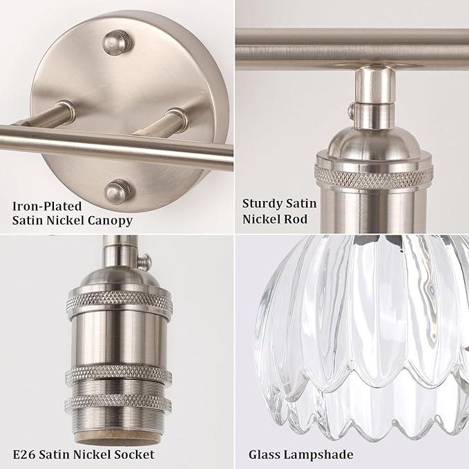 Bathroom Light Fixtures, 2-Light Vanity wall Light Over Mirror with Clear Tulip Glass Shade for Bedroom Living Room (Bulb Not Included), Satin Nickel