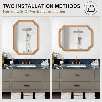 Natural Wood Framed Mirror,18X24 Inch Bathroom Mirror for Over Sink Modern Rounded Corner Rectangle Wall Mounted Mirror (Horizontal/Vertical)