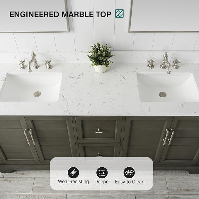 HOMEBEYOND 72 Inch Bathroom Vanity with Double Sink & Ceramic Top, Vanity Cabinet with Center Countertop Basin, Soft-Closing Doors, Backsplash, Sliver Grey