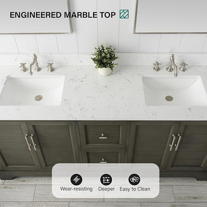 HOMEBEYOND 72 Inch Bathroom Vanity with Double Sink & Ceramic Top, Vanity Cabinet with Center Countertop Basin, Soft-Closing Doors, Backsplash, Sliver Grey