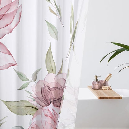 Litabel Small Stall Boho Watercolor Floral Shower Curtain 36 x 72, Pink and Grey Ink Painting Style Flower Shower Curtains for Chic Elegant Bathroom, Artistic Narrow Half Size Shower Curtain