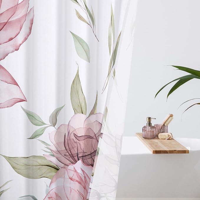 Litabel Extra Long Boho Watercolor Floral Shower Curtain 72 x 84, Pink and Grey Ink Painting Style Flower Shower Curtains for Chic Elegant Bathroom, Artistic XL Fabric Cloth Shower Curtain