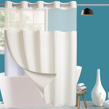 Conbo Mio Extra Long No Hook Waffle Weave Shower Curtain with Snap in Liner Set, Hotel Luxury Beige Shower Curtains for Bathroom with See Through Top Window, Waterproof, Washable 71W x 84H