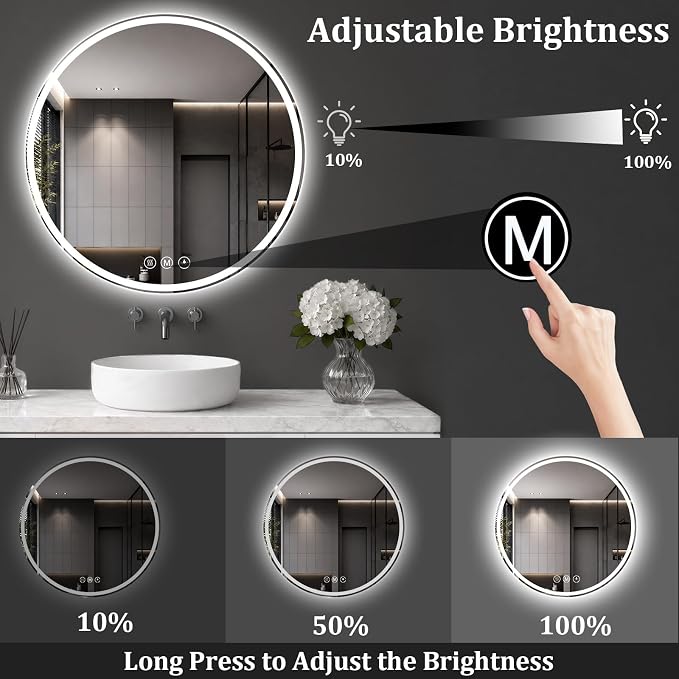 Round LED Bathroom Mirror, 26 Inch, HD Shatterproof Tempered Glass | Lighted Bathroom Mirror with Dimmable Lights Bathroom Mirror with Lights for Wall, 3 Color Temperatures
