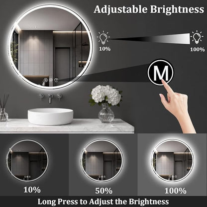 Round LED Bathroom Mirror, 24 Inch, HD Shatterproof Tempered Glass | Lighted Bathroom Mirror with Dimmable Lights Bathroom Mirror with Lights for Wall, 3 Color Temperatures