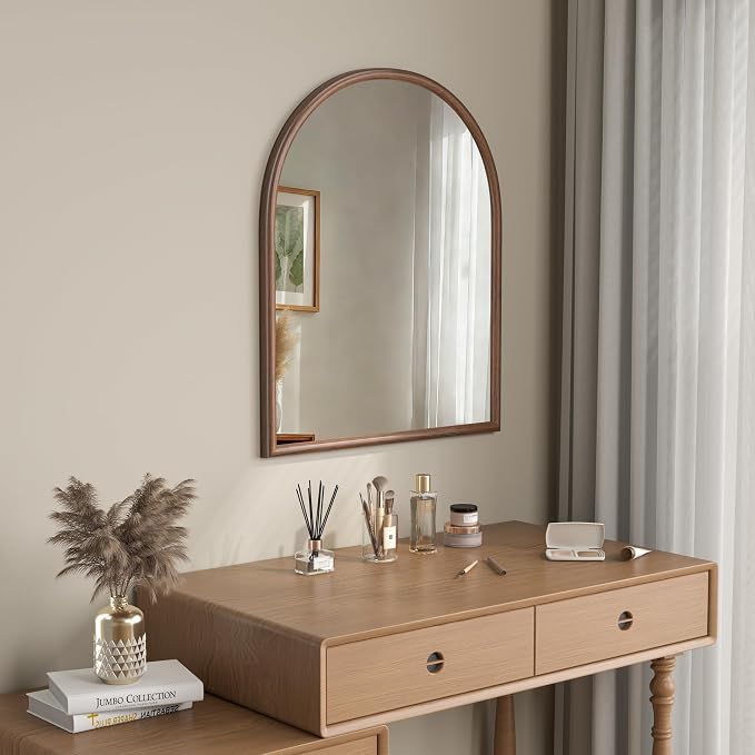 28"x32" Arch Wall Mirror for Wall, Wall Mounted Vanity Mirror for Bedroom, Wood Grain Finish Frame Mirror with Tempered Glass, Vintage Decorative for Bathroom, Entryway, Living Room, Walnut