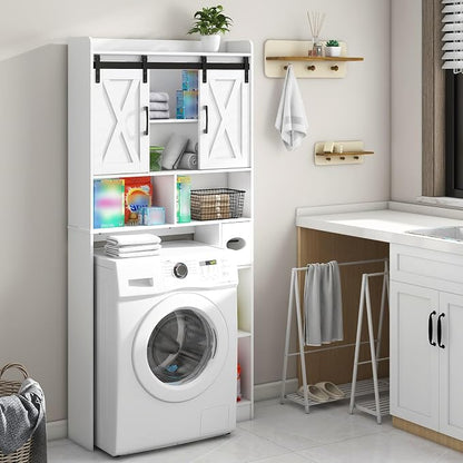 Vabches Over The Toilet Storage Cabinet with Sliding Doors, White | Farmhouse Storage Cabinet Over Toilet, Home Space-Saving Toilet Rack, Toilet Paper Holder Stand,for Restroom,Bathroom,Laundry