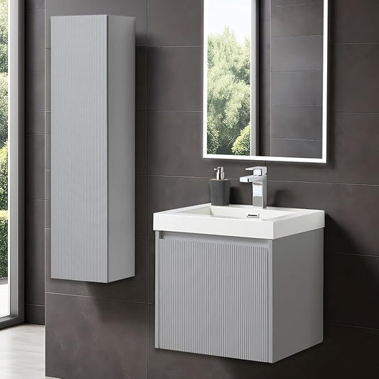 Blossom 20 Inch Bathroom Vanity with Sink and Side Cabinet, All Wood Floating Bathroom Vanity with Acrylic Sink, Bathroom Sink Cabinet with Soft-Close Drawer, Modern Style Vanities, Light Grey