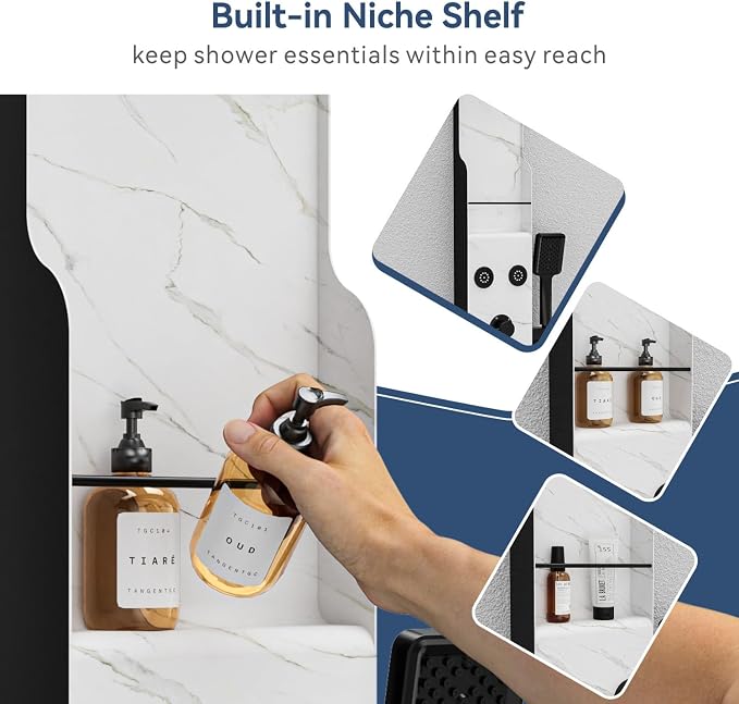 ELLO&ALLO Shower Panel Tower System with Shelf, Rainfall Shower Head and Rain Massage System with Body Jets, Stainless Steel Bathroom Fixtures, Marble&Black
