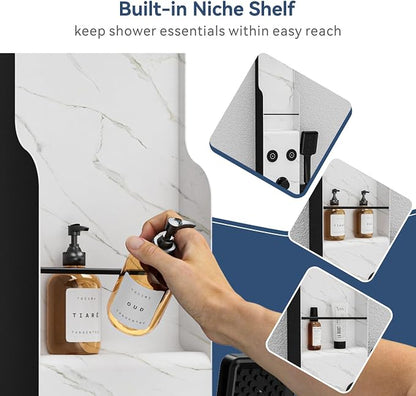 ELLO&ALLO Shower Panel Tower System with Shelf, Rainfall Shower Head and Rain Massage System with Body Jets, Stainless Steel Bathroom Fixtures, Marble&Black