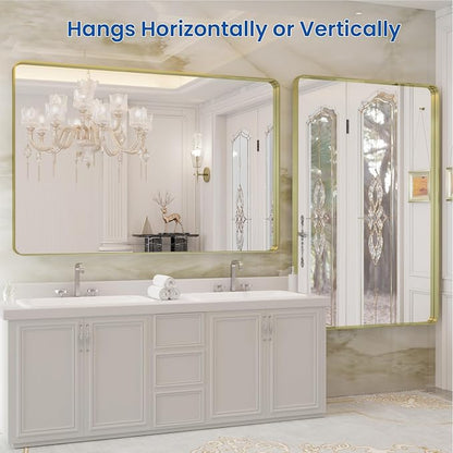WEER 40X30 Inch Gold Bathroom Vanity Mirror | Rounded Rectangle Gold Mirror, Brushed Gold Metal Frame, Tempered Glass, Anti-Rust, Hangs Horizontally or Vertically