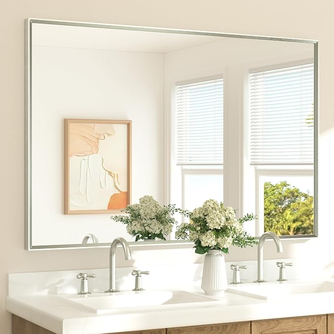 Brushed Nickel Bathroom Vanity Mirror 55" x 36" Beveled Framed Bathroom Wall Mirror for Over Sink Brushed Nickel, Tempered Glass, Modern Farmhouse Bedroom, Entryway, Living Room