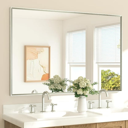 Brushed Nickel Bathroom Vanity Mirror 55" x 36" Beveled Framed Bathroom Wall Mirror for Over Sink Brushed Nickel, Tempered Glass, Modern Farmhouse Bedroom, Entryway, Living Room