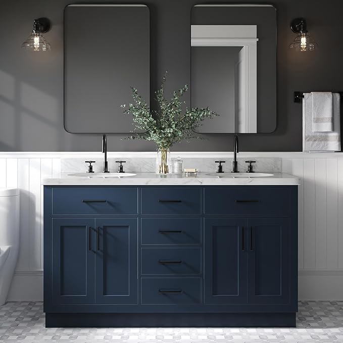 ARIEL Hepburn 60-inch Bathroom Vanity with Sink,Solid Wood, 1.5-inch Italian Carrara Marble Countertop, Double Rectangular Porcelain Sink, 4 Soft Closing Doors, 6 Dovetail Drawers, Midnight Blue
