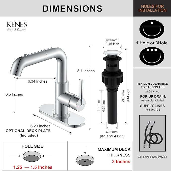 KENES Pull Out Bathroom Faucet with Sprayer, Polished Chrome Single Handle Bathroom Sink Faucet with Pull Down Sprayer, Vanity Bar Faucet with Pop Up Drain & Deck Plate, LJ-9055A-5