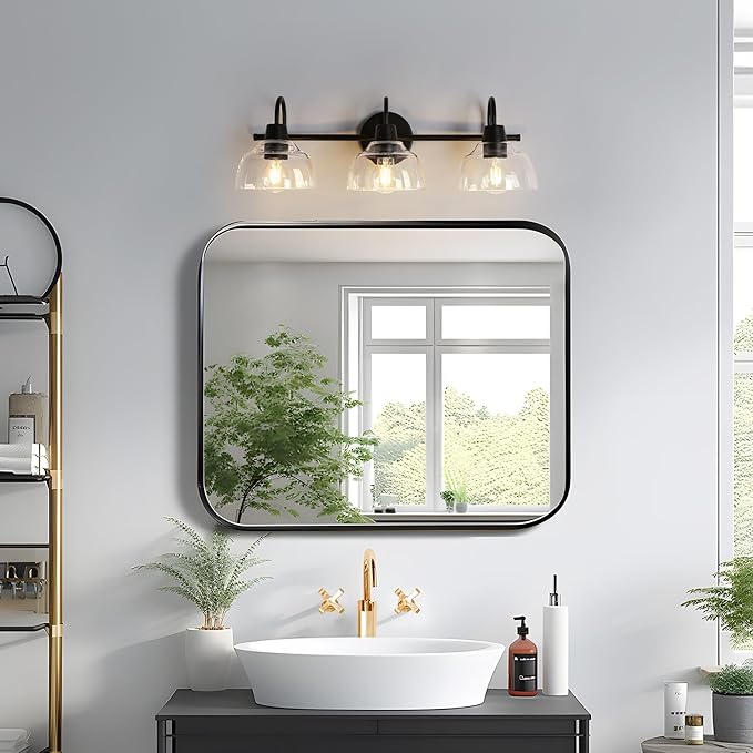 classy leaves Black Bathroom Light Fixtures, 3 Light Bathroom Vanity Lights with Clear Glass Modern Farmhouse Black Bathroom Sconce Wall Lighting