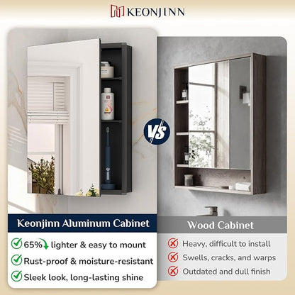 Keonjinn Black Medicine Cabinet with Mirror 20" x 26", Lightweight Aluminum | Assembly Required, Adjustable Shelves, Safe Tempered Glass, Wall Mount or Recessed, Soft Close, Bathroom Mirror with Storage