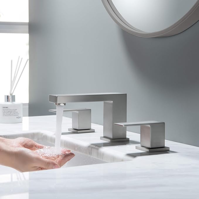 2-Handle Cube Bathroom Sink Faucet with Drain Assembly | 3-Hole Installation, Solid Brass Construction | 8-Inch Widespread Lavatory Faucet | Brushed Nickel, KBF1024