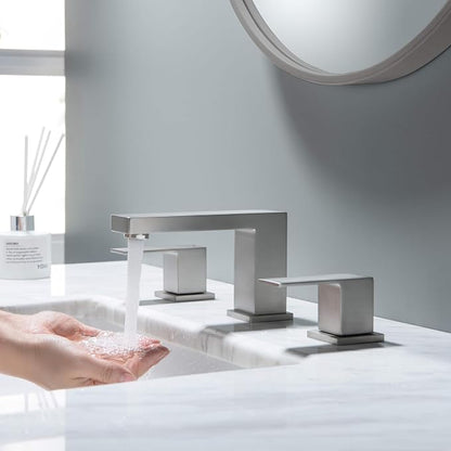 2-Handle Cube Bathroom Sink Faucet with Drain Assembly | 3-Hole Installation, Solid Brass Construction | 8-Inch Widespread Lavatory Faucet | Brushed Nickel, KBF1024
