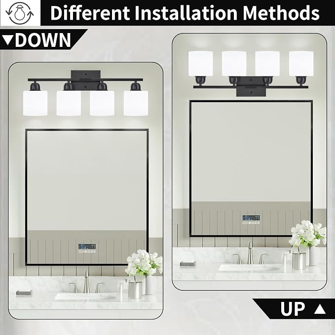 4-Light Black Bathroom Vanity Light, Light Fixtures with Milky White Frosted Glass Shades, Black Vanity Light for Bathroom Mirror, Bedroom, Living Room, Vanity Table, E26 Base