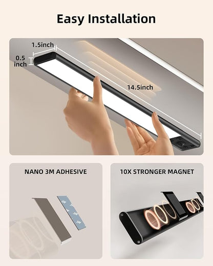 EZVALO 14.5 inch Under Cabinet Lighting, 3200mAh Rechargeable Motion Sensor Lights Indoor 3 Color Temps, Magnetic Stick On LED Closet Lights Wireless, Dimmable Under Counter Lights for Kitchen- 2 Pack