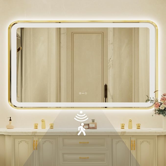 32x55 Inch Gold Framed LED Bathroom Mirror with Lights,Smart Bathroom Mirror,Motion Sensor,Tempered Glass,Anti-Fog,Stepless Dimmable & 3 Colors,Memory,Vanity Mirror for Wall