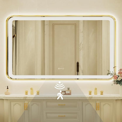 36x60 Inch Gold Framed LED Bathroom Mirror with Lights,Smart Bathroom Mirror,Motion Sensor,Anti-Fog,Stepless Dimmable & 3 Colors,Memory,Vanity Mirror for Wall