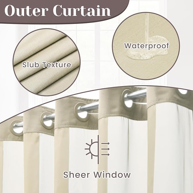 SORTTO No Hook Slub Shower Curtain with Liner, 71x74, Linen | Snap in Liner, 3 in 1, Bamboo Texture, Hotel Style, Waterproof Fabric, Mesh Top Window, Corner Magnets, Machine Washable