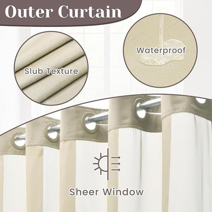 SORTTO No Hook Slub Shower Curtain with Liner, 71x74, Linen | Snap in Liner, 3 in 1, Bamboo Texture, Hotel Style, Waterproof Fabric, Mesh Top Window, Corner Magnets, Machine Washable