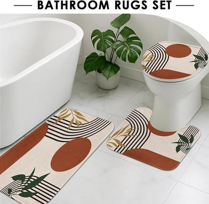 Bathroom Sets with Shower Curtain and Rugs, 4 Pcs Geometric Boho | Abstract Mid Century Bathroom Decor Set with Toilet Lid Cover, Non-Slip Bath Mats and Accessories 12 Hooks